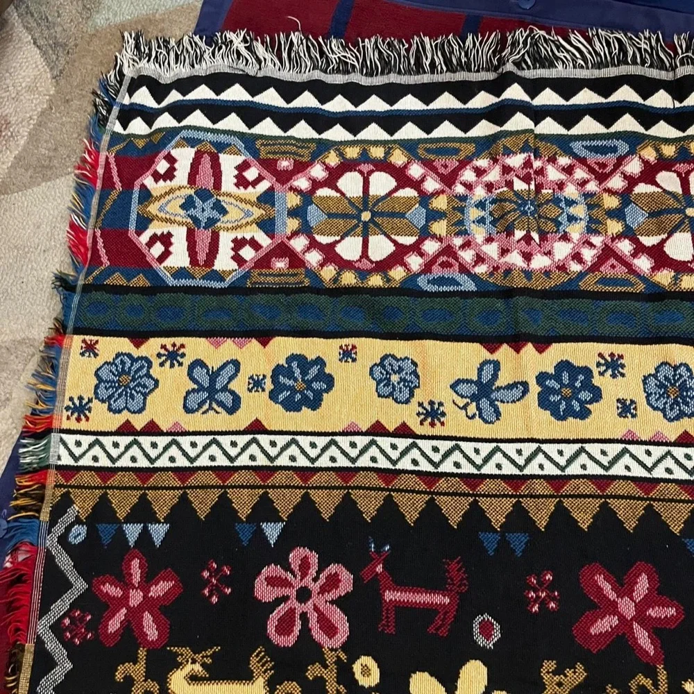 Goodwin Weavers floral butterfly reindeer multi blanket tapestry fringe rare